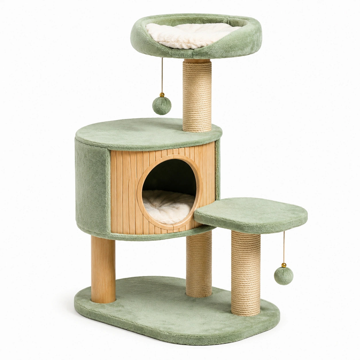 Árbol para gatos con plataforma de madera y tela de poliéster verde