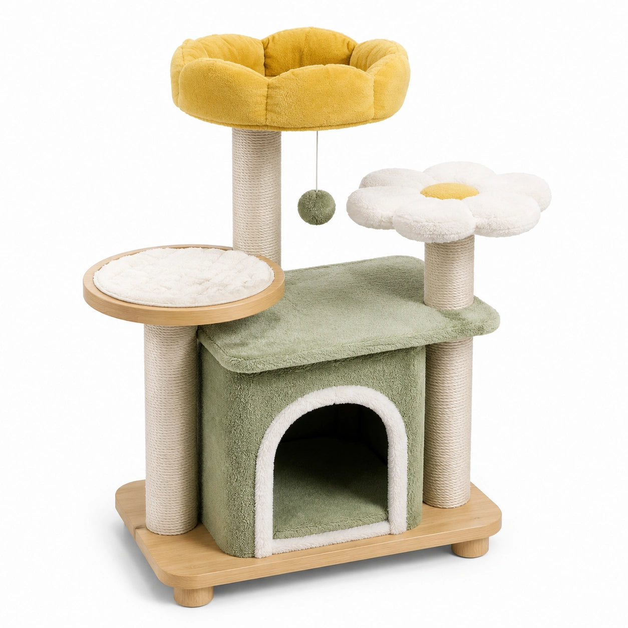 Árbol para Gatos de Madera y Tela con Casa y Juguete Colgante