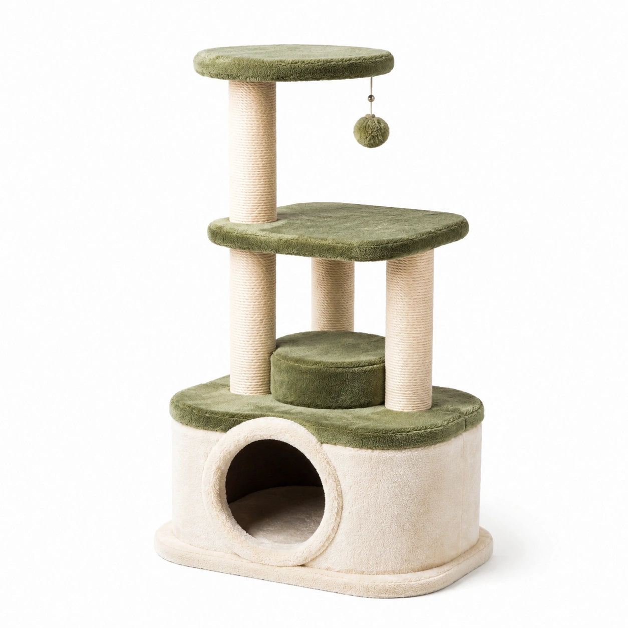 Árbol para gatos de 3 niveles con rascadores de sisal y caseta