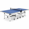 Mesa de ping-pong plegable de MDF y acero con ruedas azul
