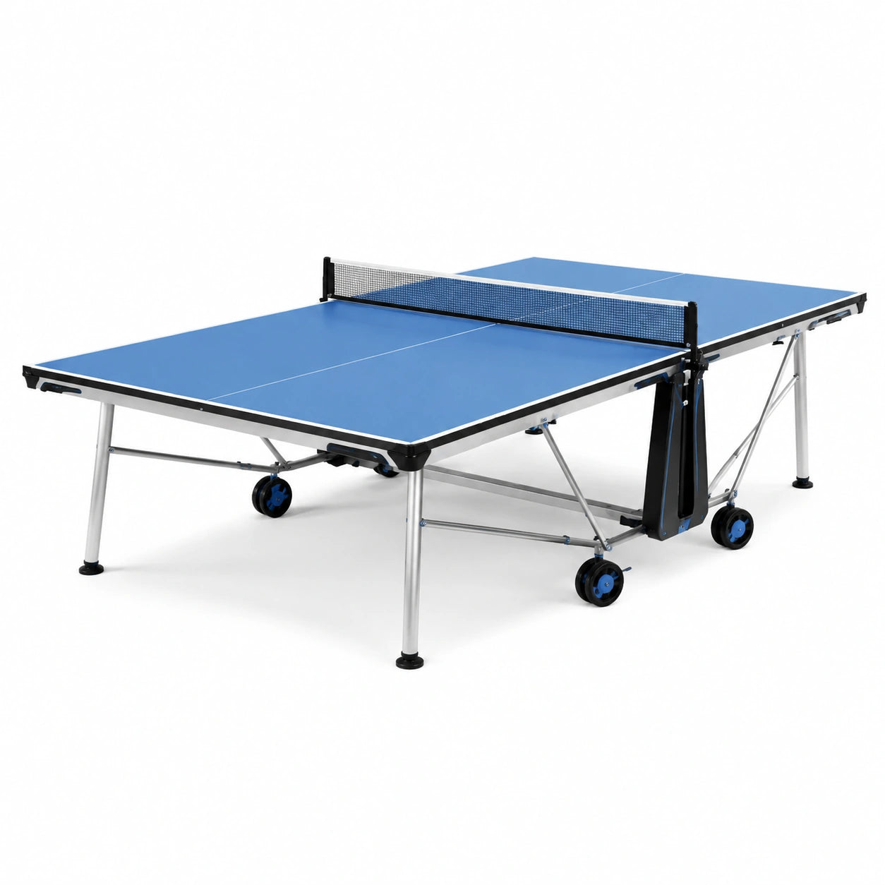 Mesa de ping-pong plegable azul con superficie MDF y marco de acero