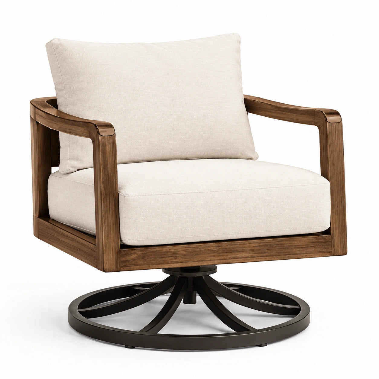 Silla giratoria de madera de teca con cojines beige y base de acero