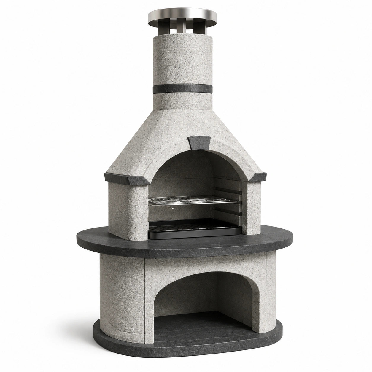 Barbacoa de piedra para exteriores con chimenea y rejilla de acero
