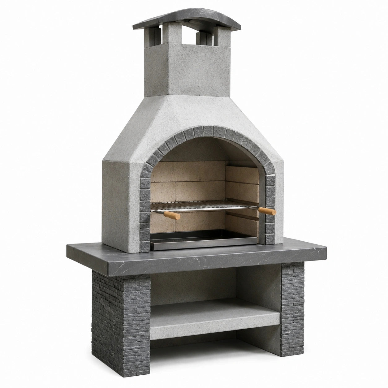 Barbacoa de piedra refractaria gris con chimenea