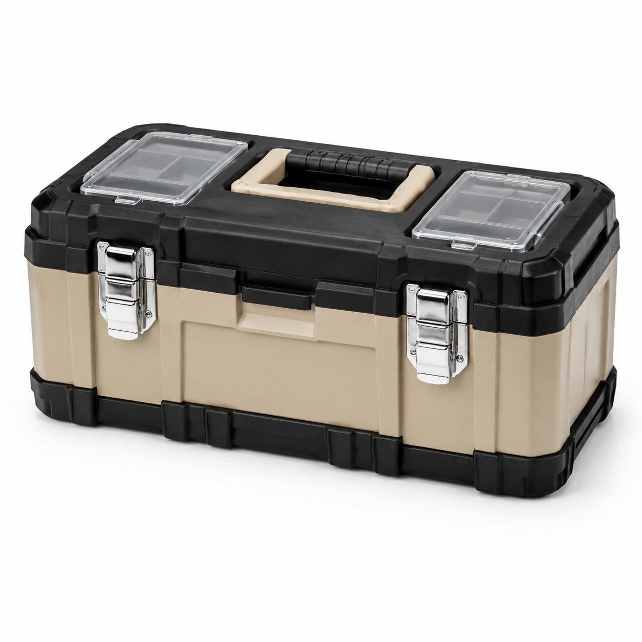 Caja de herramientas de plástico negra y beige con cierres metálicos
