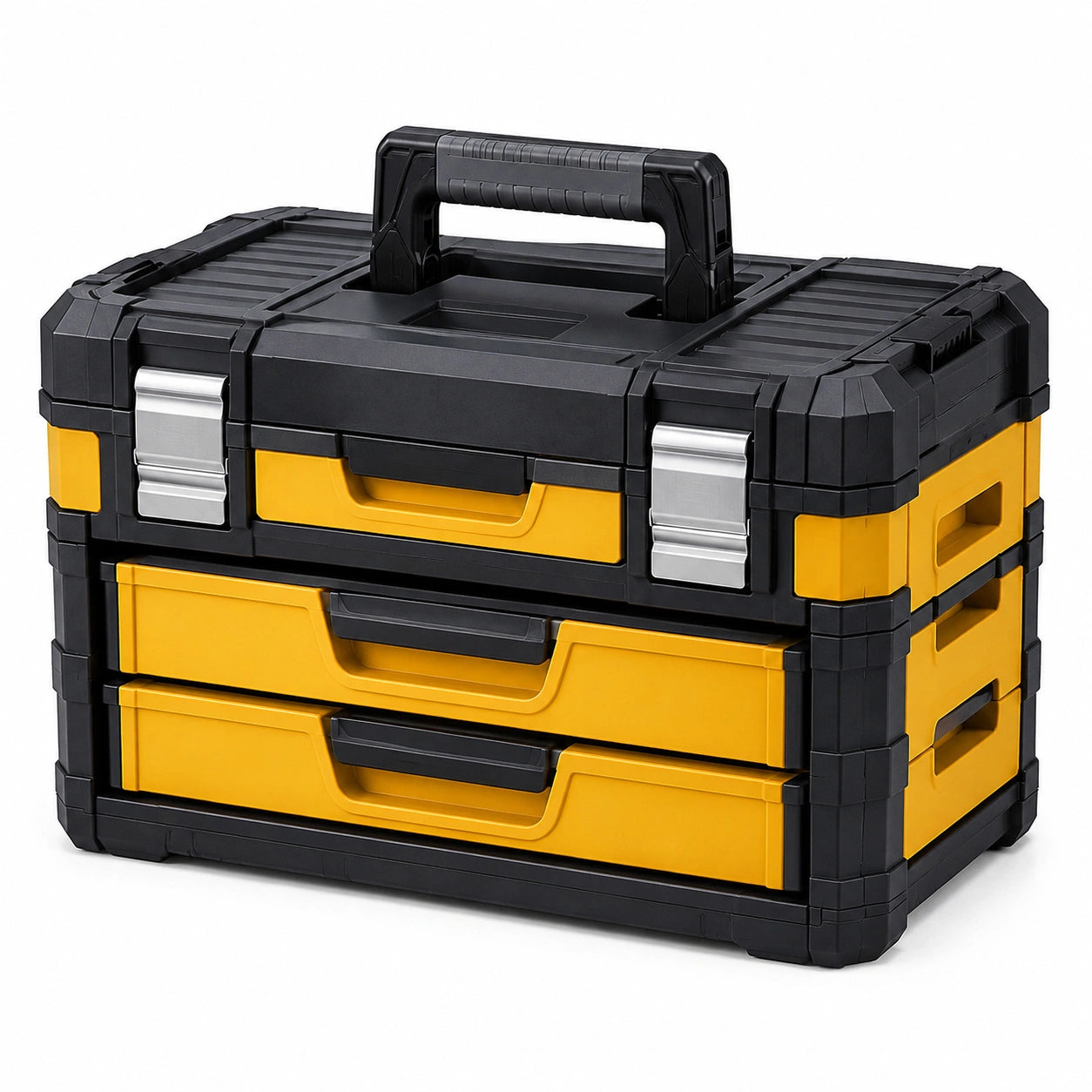 Caja de herramientas de plástico negro y amarillo con cajones