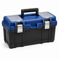 Caja de herramientas de plástico negro y azul con cierres metálicos