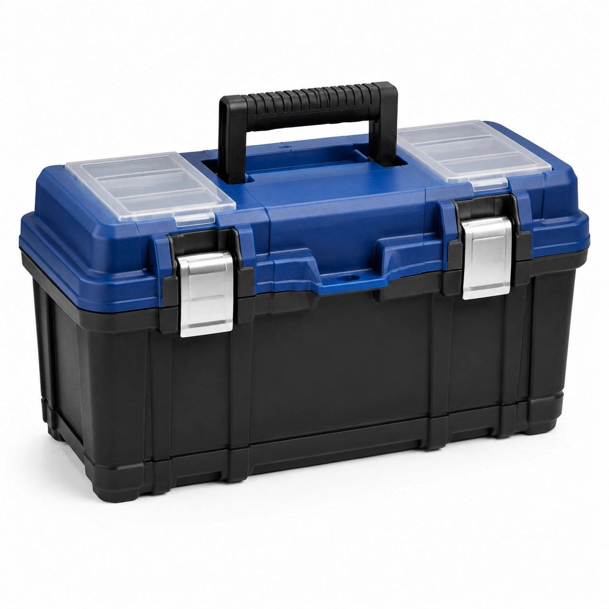 Caja de herramientas de plástico negro y azul con cierres metálicos