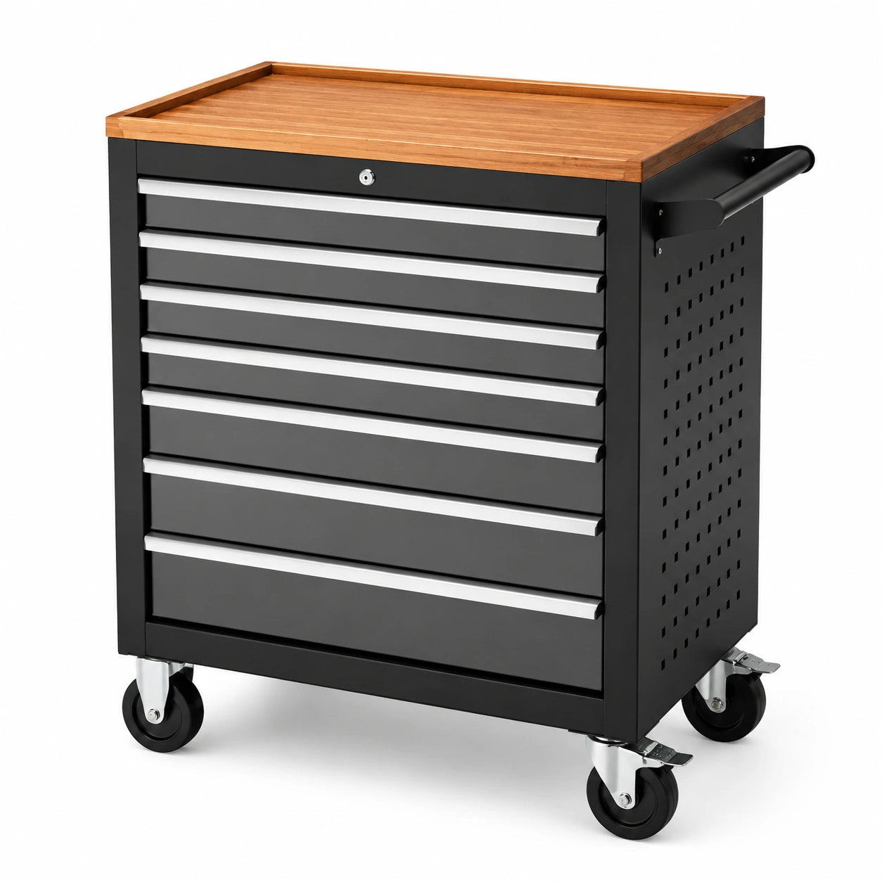 Carro de herramientas de metal y madera con 7 cajones y ruedas 70x45x85 cm