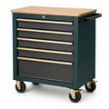 Carro de herramientas de metal con encimera de madera y 5 cajones, verde