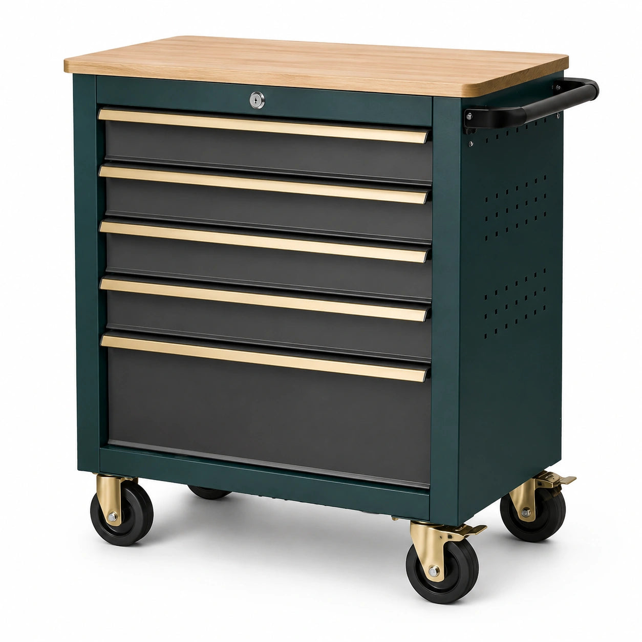 Carro de herramientas de metal con encimera de madera y 5 cajones, verde