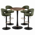 Conjunto de bar con mesa redonda de madera y sillas de piel sintética verdes