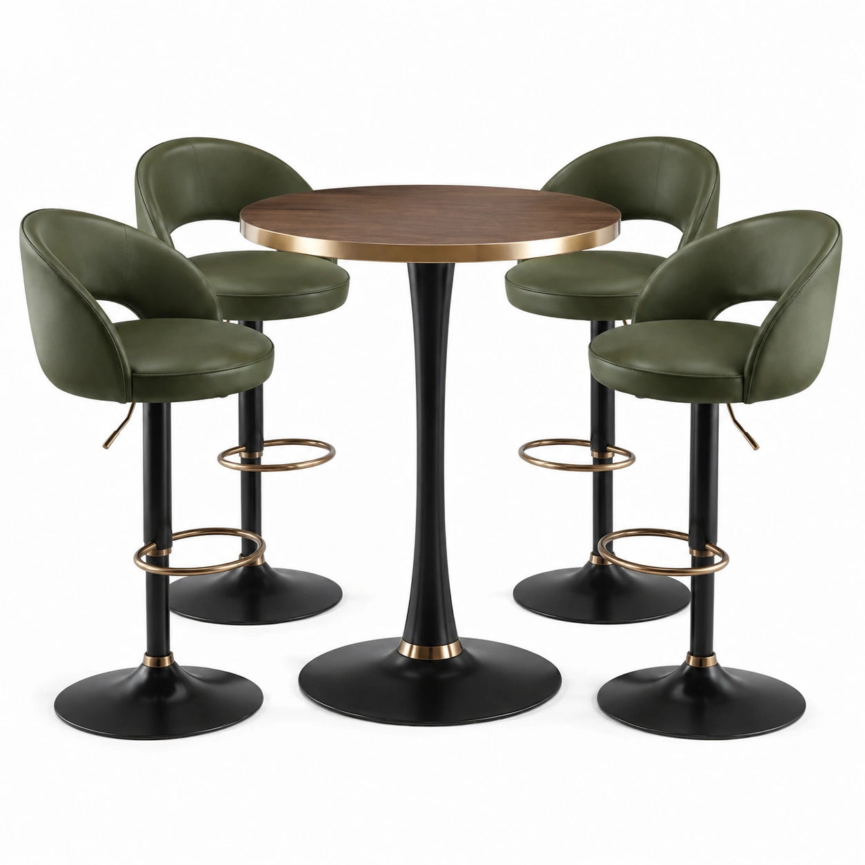 Conjunto de bar con mesa redonda de madera y sillas de piel sintética verdes