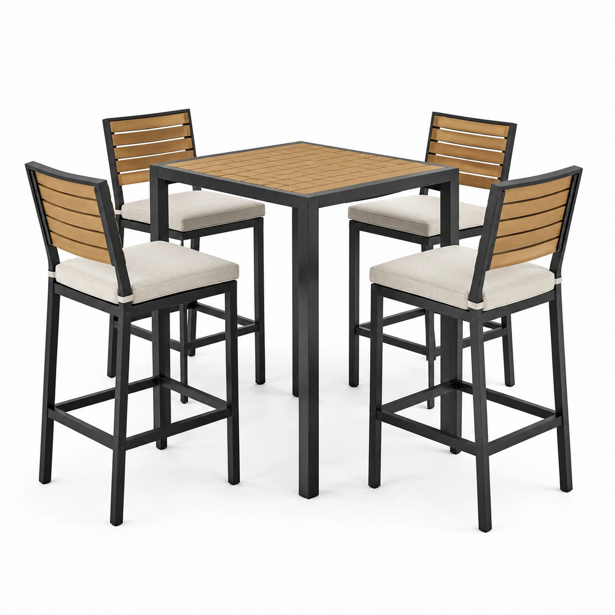 Conjunto de bar de madera y metal con mesa y 4 taburetes marrón y negro