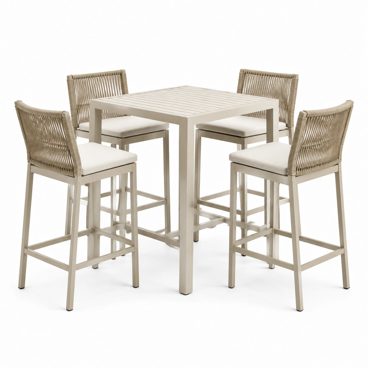 Conjunto de mesa de aluminio con taburetes de cuerda sintética beige