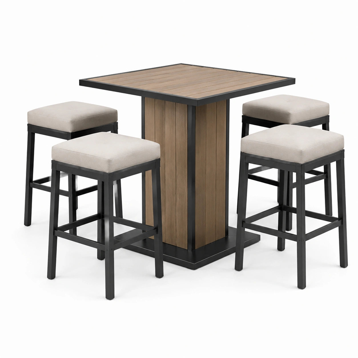 Conjunto de bar con mesa de acero y taburetes beige